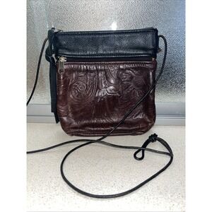 Pat Halpen Crossbody‎ Handtooled Handmade Artisan Black and Brown Leather Purse